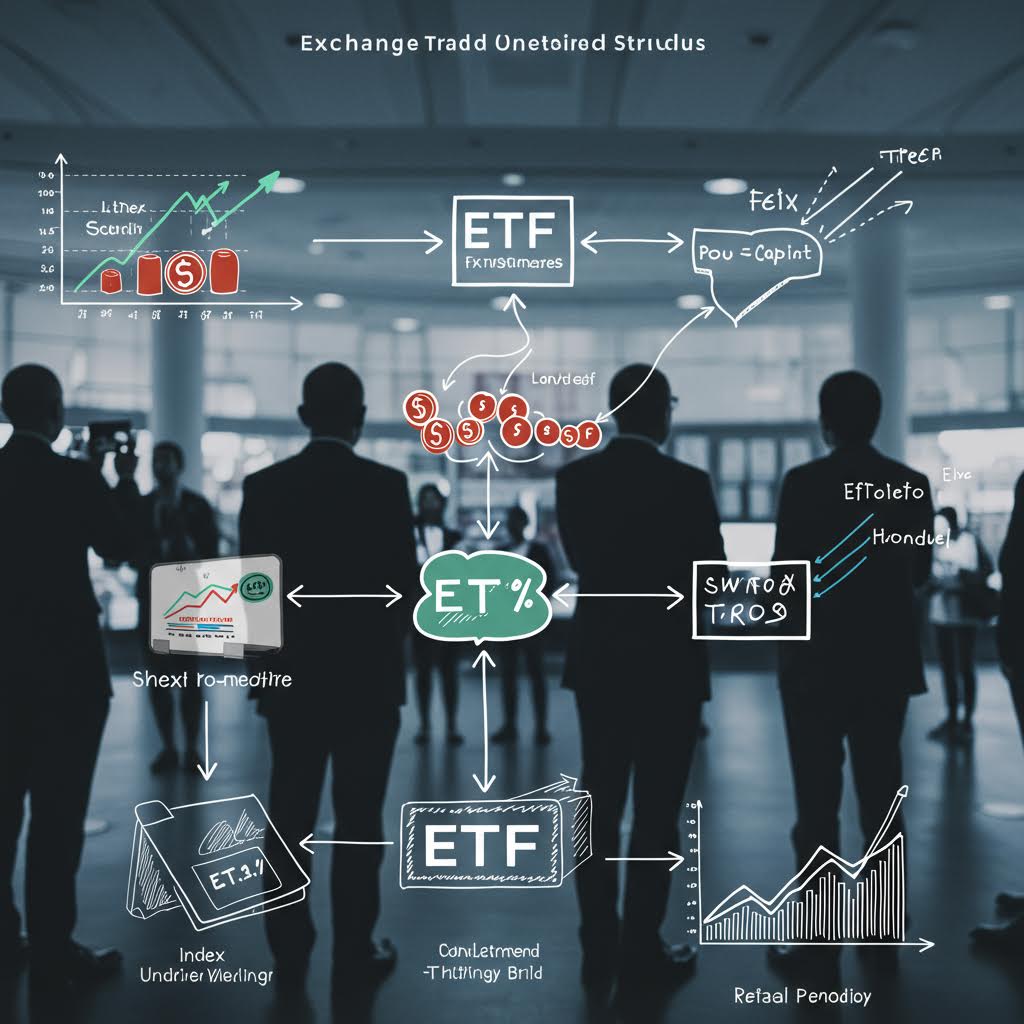 ETF 구조와 투자 흐름도를 시각적으로 설명하는 금융 시장 인포그래픽 이미지