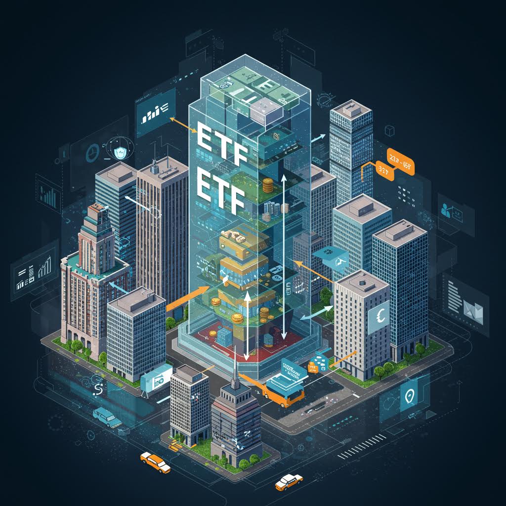 ETF 투자의 구조를 도시 건물 형태로 시각화한 디지털 인포그래픽