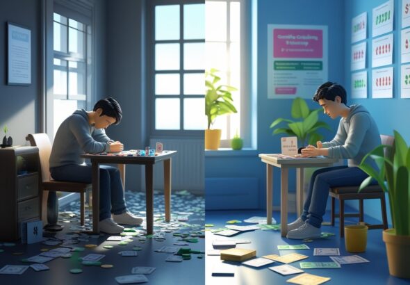 도박으로 인한 피해와 예방책을 보여주는 두 장면, 한쪽은 절망에 빠진 사람이 어두운 방에서 혼자 앉아 있고, 다른 쪽은 밝은 공간에서 상담사와 대화하며 회복하는 모습을 담고 있음