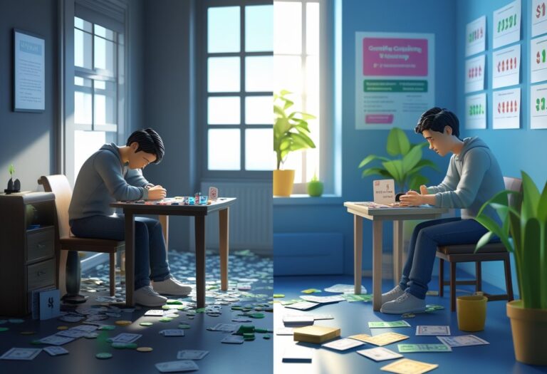 도박으로 인한 피해와 예방책을 보여주는 두 장면, 한쪽은 절망에 빠진 사람이 어두운 방에서 혼자 앉아 있고, 다른 쪽은 밝은 공간에서 상담사와 대화하며 회복하는 모습을 담고 있음