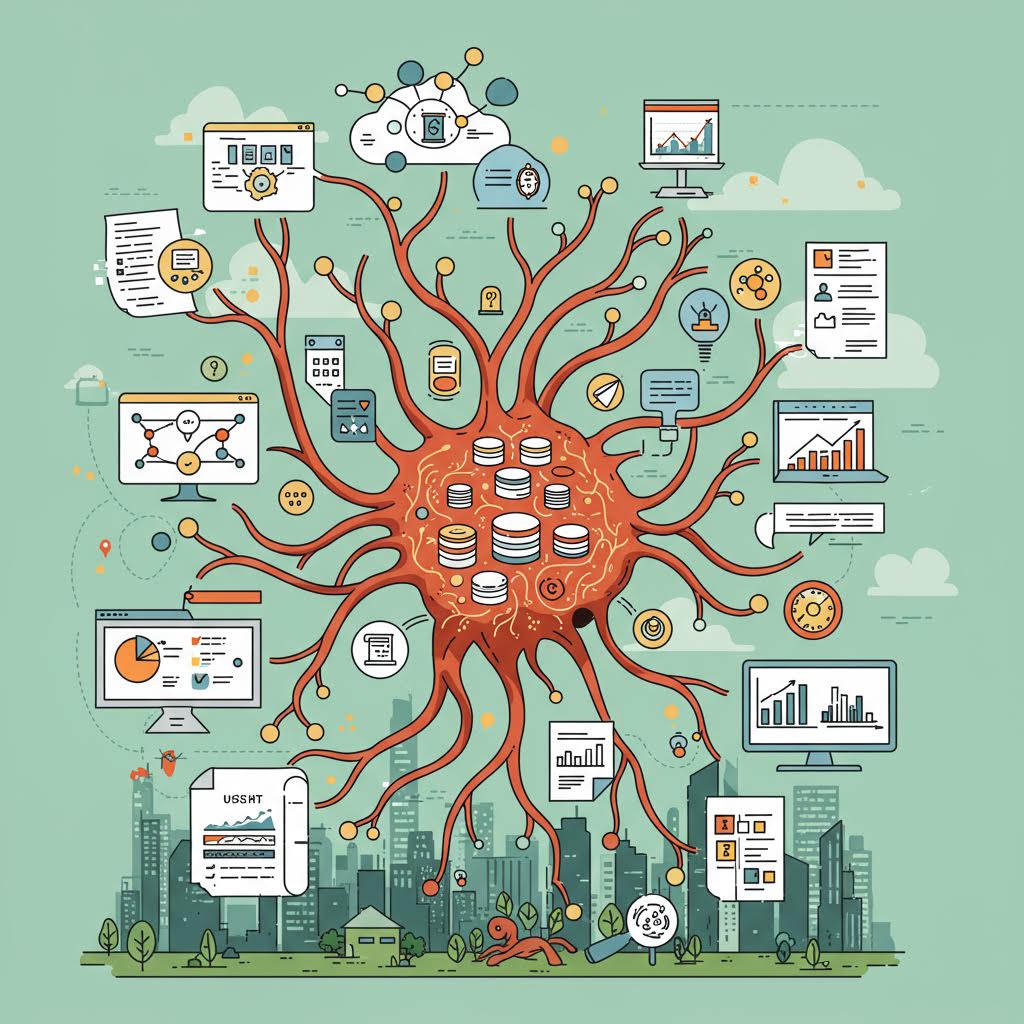 중앙의 데이터 허브에서 촉수가 뻗어나가듯 보고서와 그래프 아이콘들이 연결된 시각적 표현