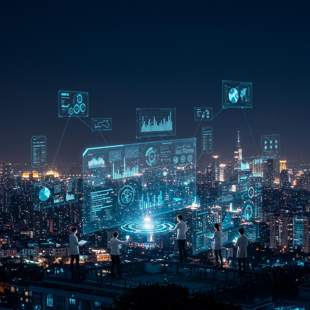 야경 속 도시 위로 투명한 데이터 패널들이 떠오르며 사람들의 활동과 연결된 정보가 시각화된 순간