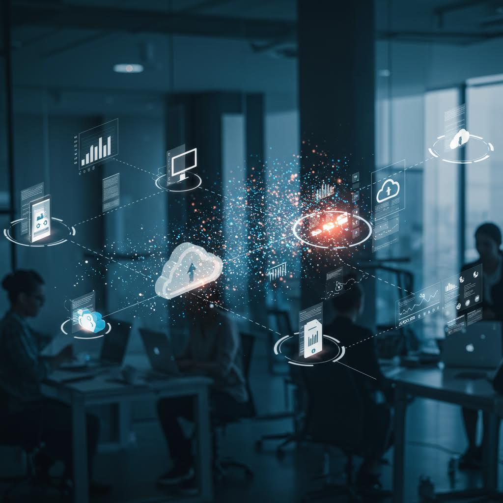 사무실에서 사람들이 회의하는 공간 위로 클라우드 아이콘과 데이터 흐름이 겹쳐진 디지털 협업의 장면