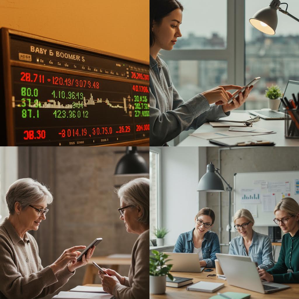 주식 차트 화면과 다양한 세대가 함께 기기를 보며 토론하는 모습이 겹쳐지는 배당 투자 접근의 인상