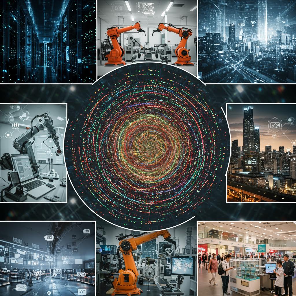 산업 현장의 로봇과 도시 전경, 데이터 시각화 원형 그래픽이 결합된 융합적 기술 혁신의 모습