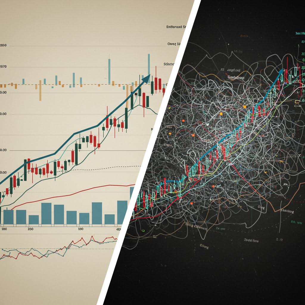 차트와 복잡한 선 그래프가 나란히 배치되어 금융 데이터의 변동성과 예측 흐름을 보여주는 모습
