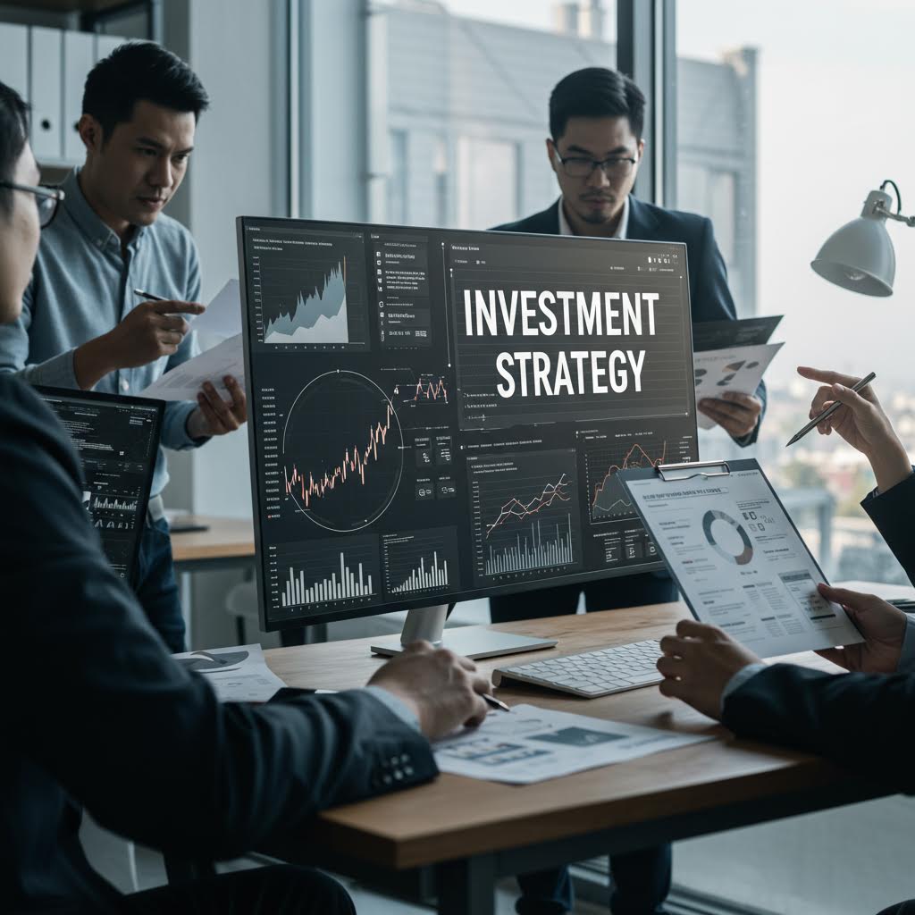 투자 전략 화면을 앞에 두고 서류와 차트를 함께 검토하며 논의하는 사람들의 집중된 회의 장면