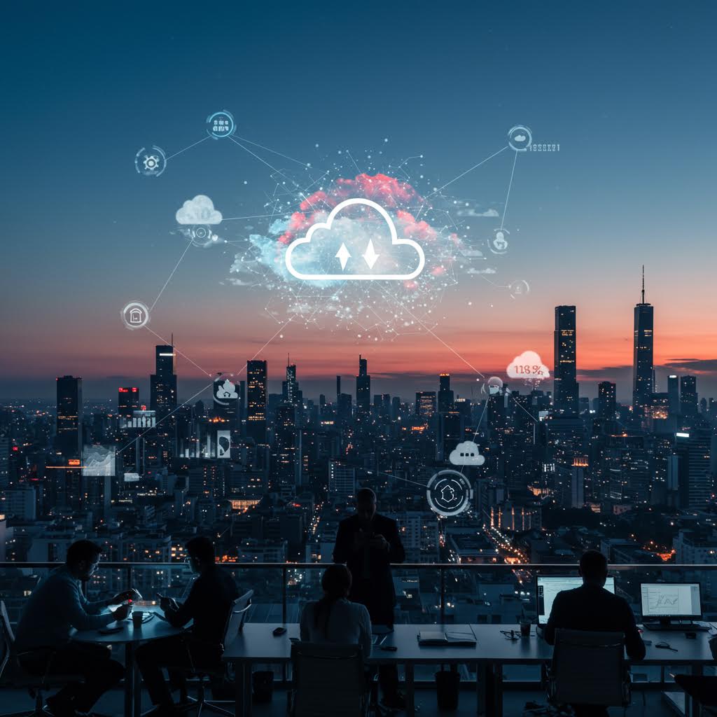 야경 도시의 고층 빌딩과 연결선이 이어지고, 모니터 화면에 데이터 그래프가 표시된 실시간 분석 플랫폼의 모습