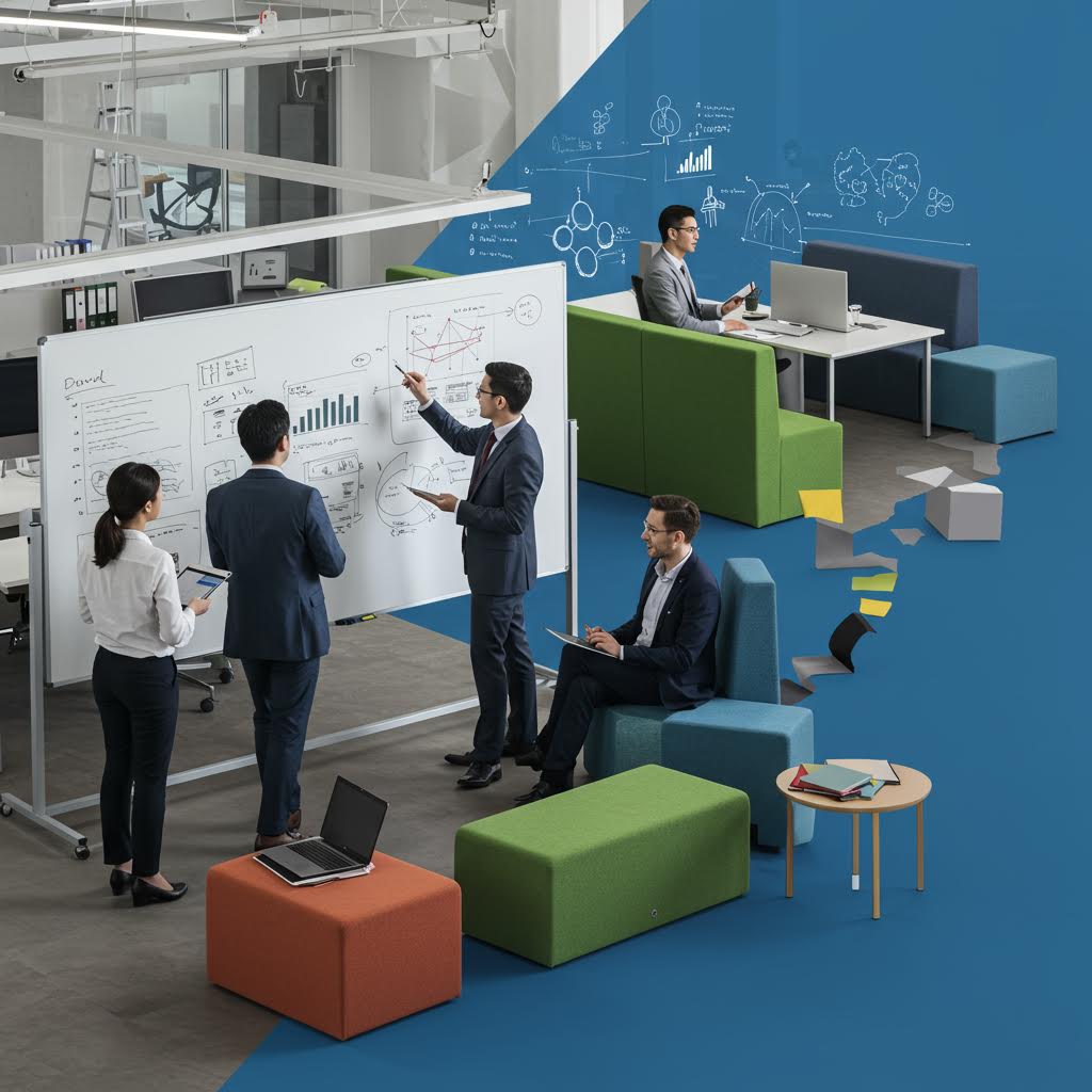 서버실, 제어센터, 오피스 공간이 함께 구성되어 산업형 백오피스의 디지털 관리 혁신을 시각화한 장면