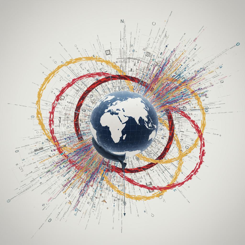 지구를 중심으로 데이터 흐름이 다채로운 궤적을 그리며 연결되는 장면으로, 세계 경제 네트워크의 확장성을 상징하는 이미지