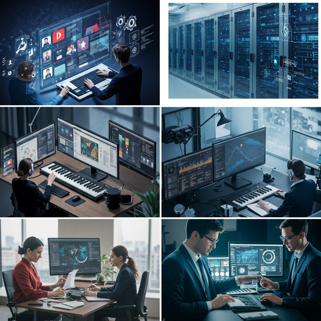 고층 빌딩 사이로 회전하는 데이터 그래프와 네온빛 라인이 교차하며 인공지능 분석이 예측하는 시장 반응을 표현한 이미지