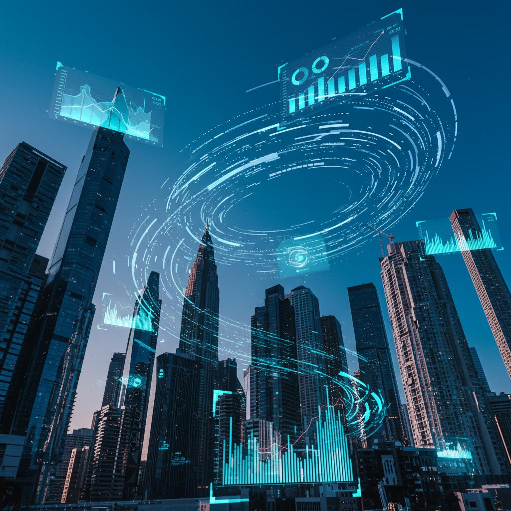 중앙의 반도체 칩을 중심으로 서버와 장치들이 연결된 형상으로, 실시간 데이터 처리의 핵심 구조를 상징하는 도식