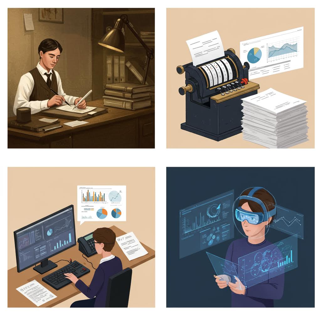 4개의 분할 화면 속에서 인물이 가상 플랫폼과 건축형 데이터 구조를 탐색하며 디지털 협업의 변화를 시각화한 도식