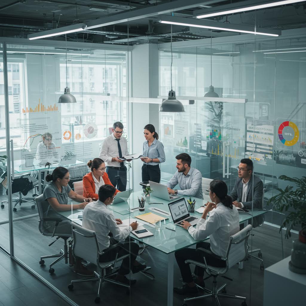 복수의 디지털 모니터에 그래프와 분석 차트가 표시되며, 정보 흐름을 제어하는 디지털 감사 시스템의 핵심 장면