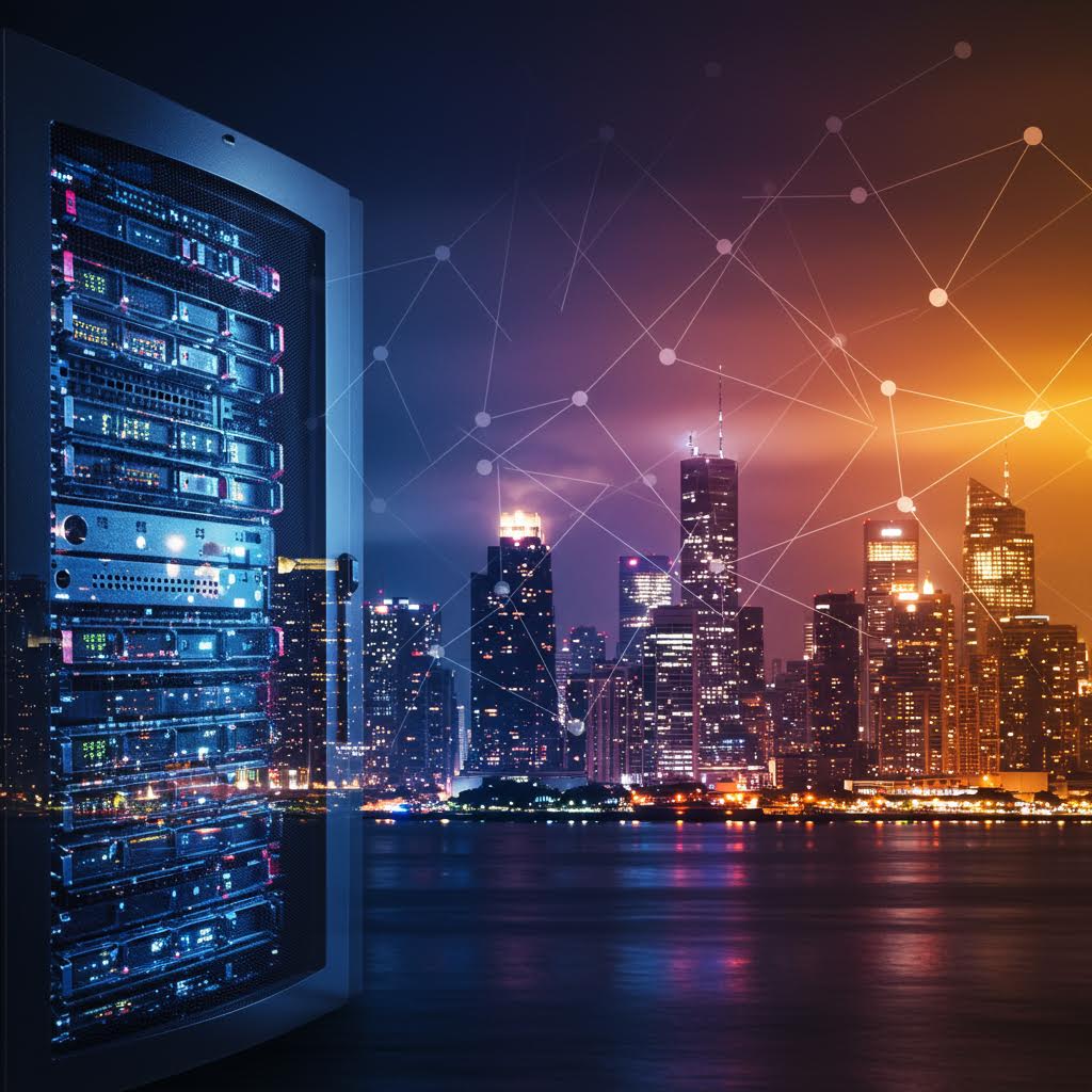 과거 타자기와 전자계산기를 연상시키는 도구부터 VR 기기까지 이어지는 디지털 회계 시스템의 발전 단계를 묘사한 구성