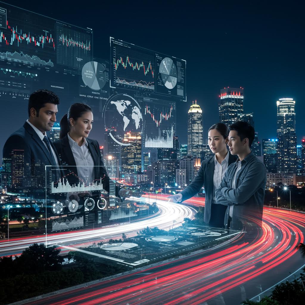 도시의 야경 속에서 전문가들이 데이터 그래프를 바라보며 실시간 투자 흐름을 분석하는 장면