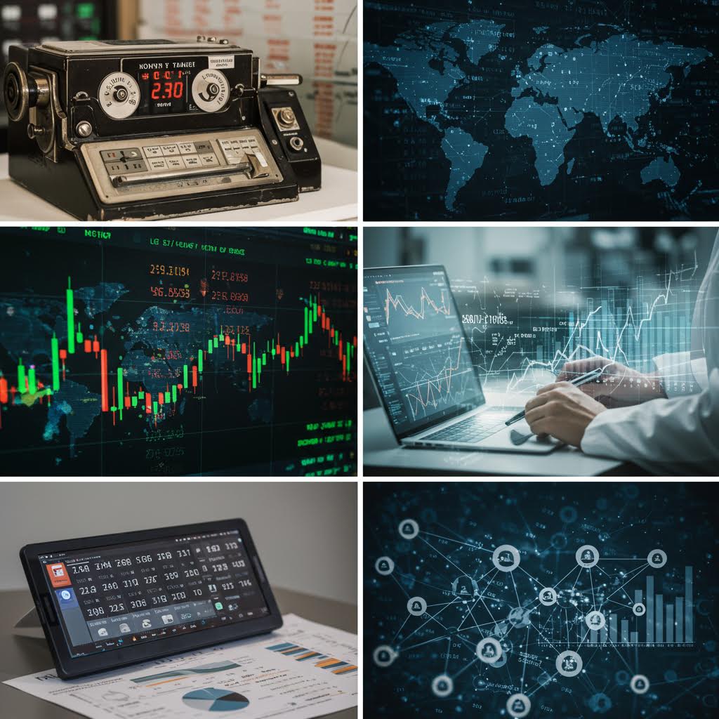 해질녘 도시의 빌딩 위로 데이터 흐름과 그래프가 떠올라 디지털 전환 시대의 도시 경제 구조를 시각화한 이미지