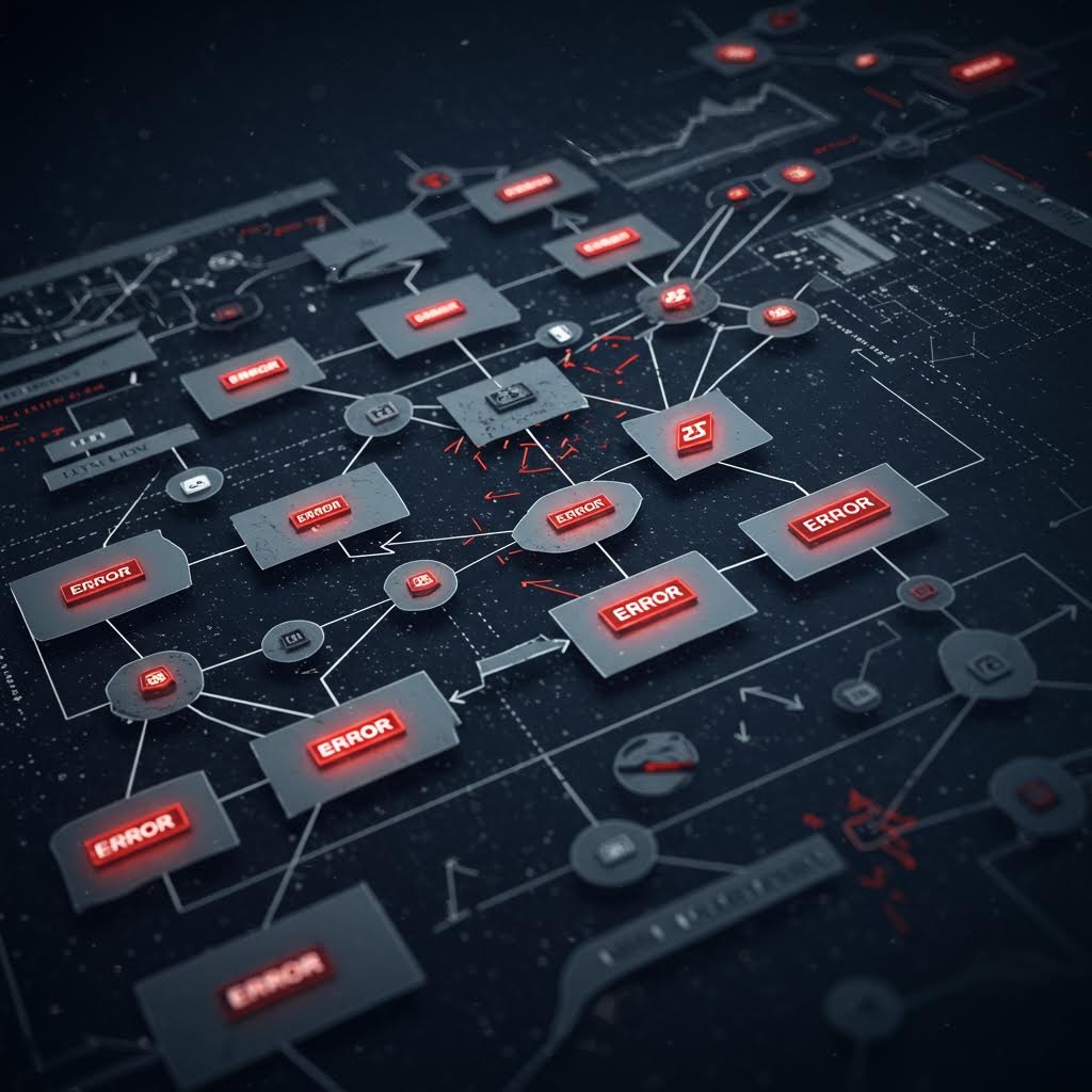 어두운 화면 위에 여러 상자와 연결선이 촘촘히 얽힌 구조가 펼쳐져 있고, 곳곳에 붉은색 ‘ERROR’ 표시가 켜져 흐름도 전체에 문제가 발생한 듯 보이는 장면
