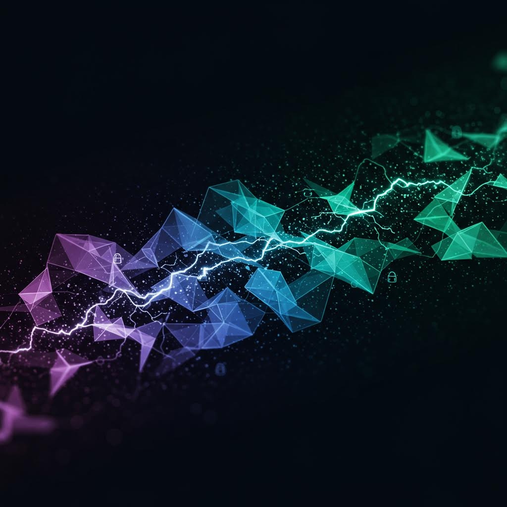 어둠 속에서 다채로운 파편들이 물결처럼 퍼지며 데이터 이동을 추상적으로 표현한 이미지