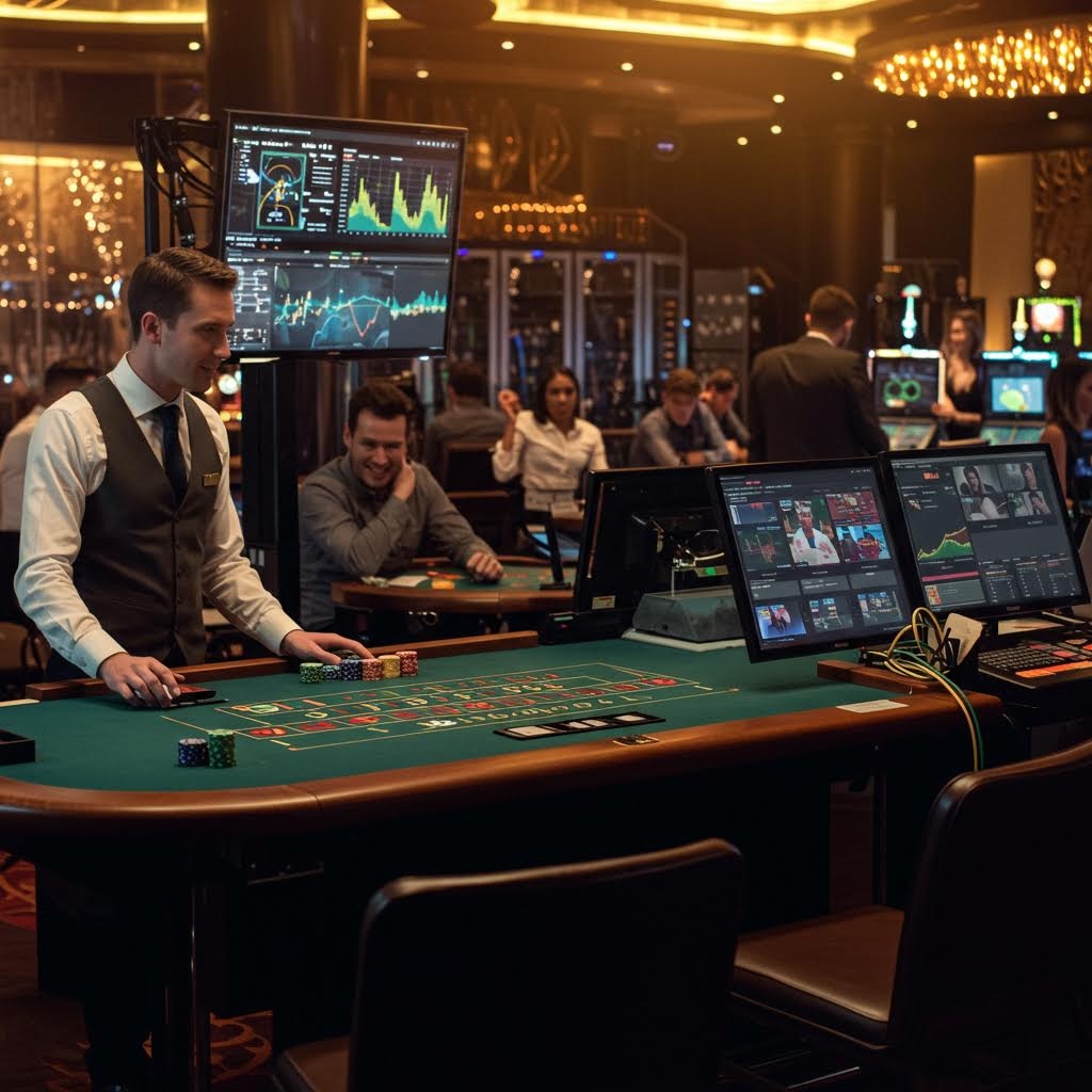 조명이 밝은 실내에서 직원이 녹색 테이블 앞에 서 있고, 테이블 주변에는 여러 모니터에 그래프와 화면이 표시되어 있으며 사람들이 앉아 게임을 즐기고 있는 모습