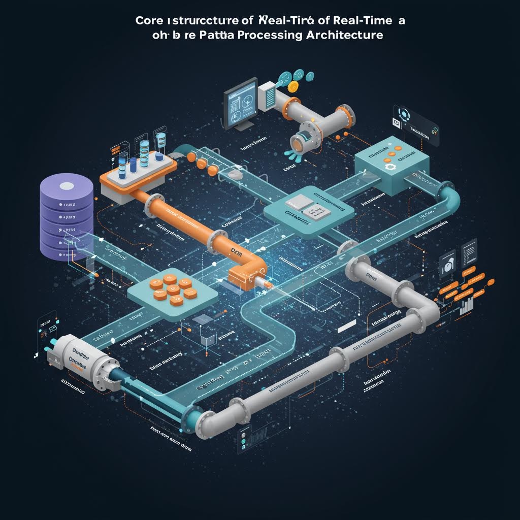 복잡한 배관과 데이터 흐름이 도식처럼 정리되어 구조적 작동 원리를 시각화한 기술 설계도 구성