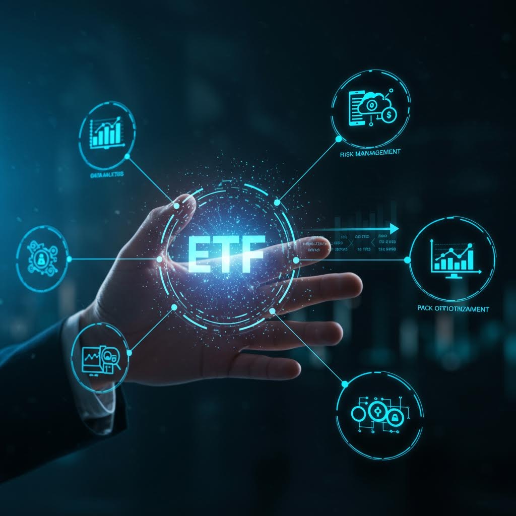 어두운 공간에서 손끝 위로 ETF 관련 아이콘들이 떠오르며 금융 흐름을 상징적으로 드러내는 장면