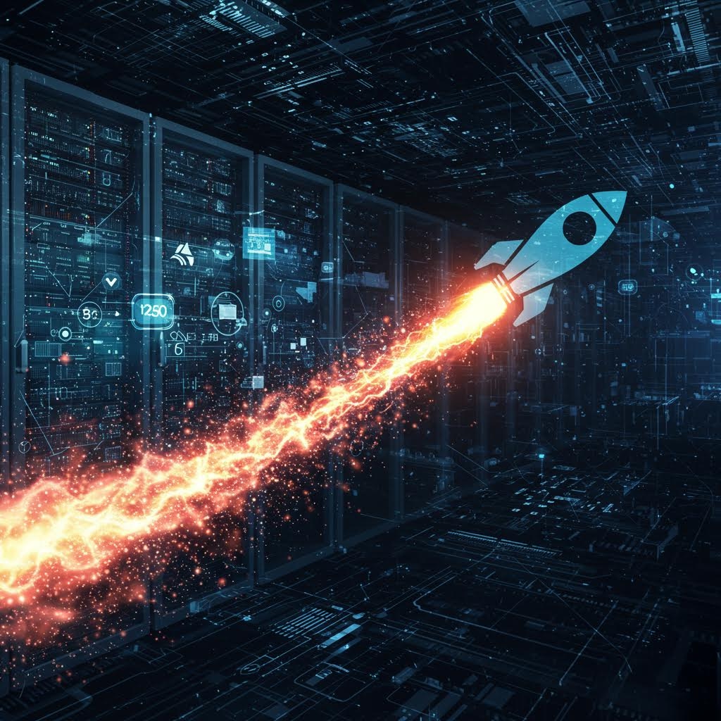 어두운 서버실 안에서 불꽃을 길게 내뿜는 작은 로켓이 장비들 사이를 빠르게 지나가며 주위가 푸른 빛과 붉은 불꽃으로 대비되는 장면