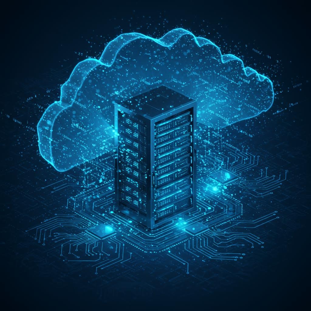 어두운 배경 속에서 거대한 빛나는 구름 모양이 떠 있고, 그 아래 중앙에는 직사각형 서버가 회로판 위에 세워져 푸른 점들이 주변으로 흩어지는 장면