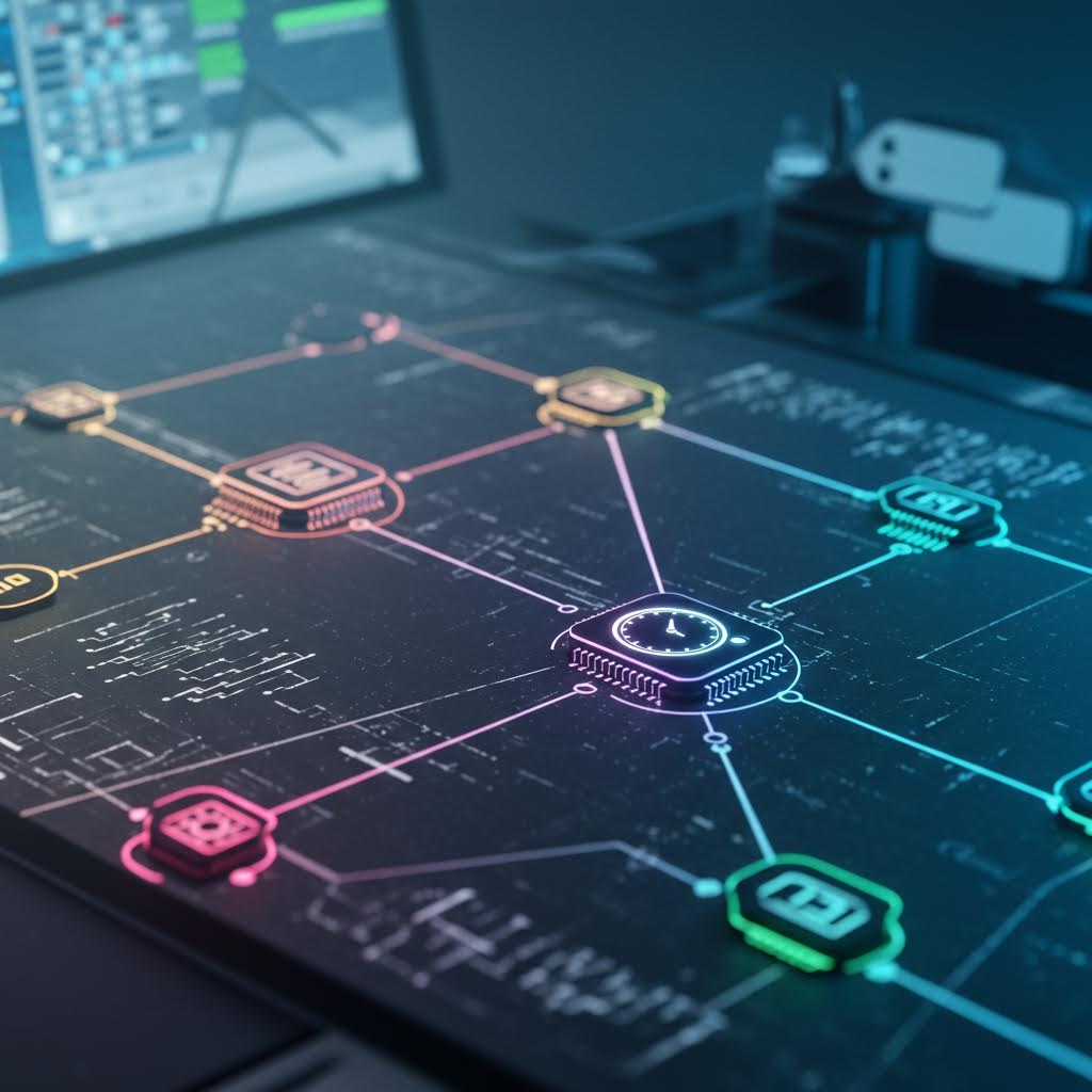 컴퓨터 책상 위의 커다란 디지털 패널에 여러 개의 빛나는 아이콘이 회로 선으로 연결되어 있으며, 패널 가장자리에 모니터와 장비가 보이는 미래형 네트워크 화면