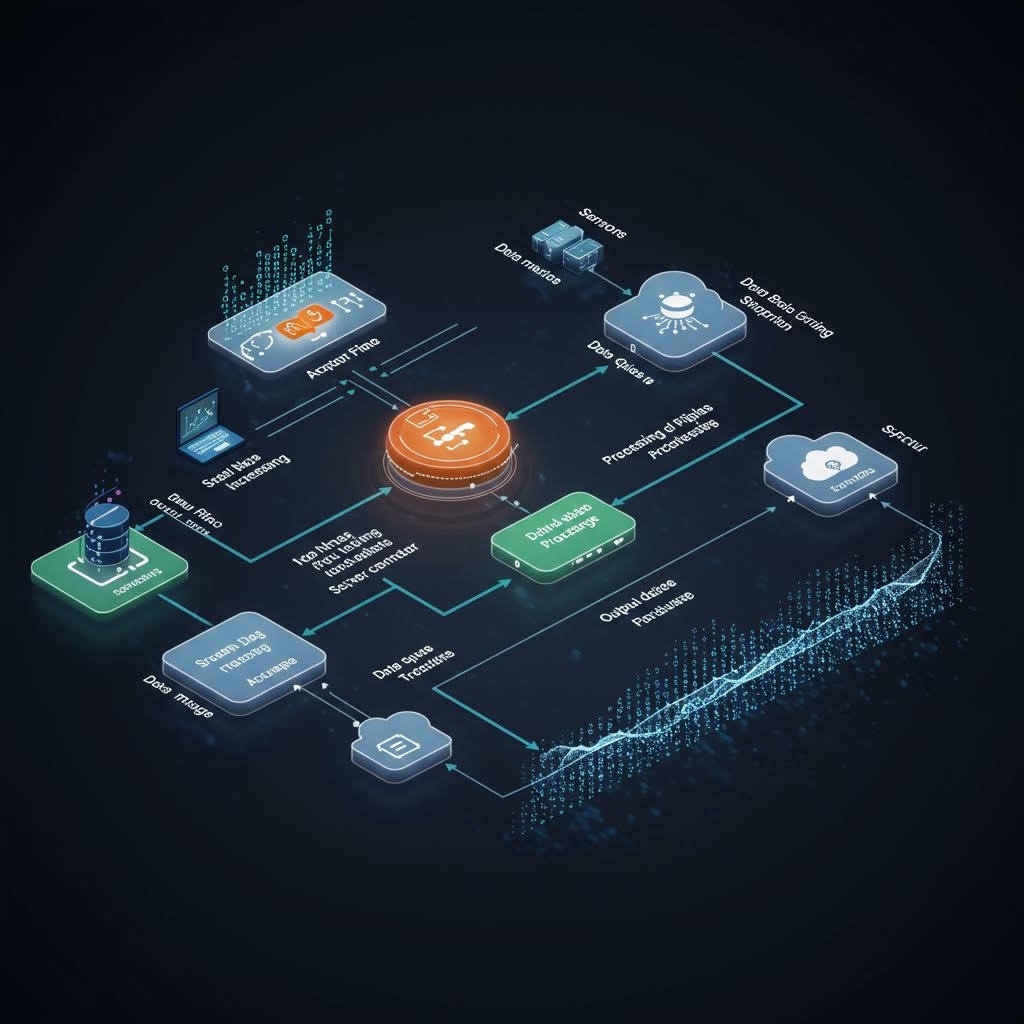 어두운 배경 위에 원형·사각형 모듈들이 배치되고, 데이터 수집·분석·저장 과정처럼 보이는 요소들이 선으로 이어져 단계별 흐름을 형성한 3D 다이어그램