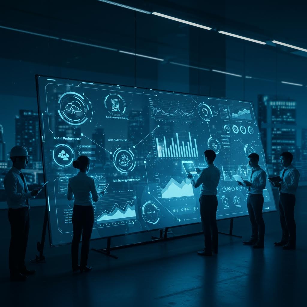 대형 디지털 패널 앞에서 여러 인물이 그래픽 정보를 살피며 분석 과정을 공유하는 장면