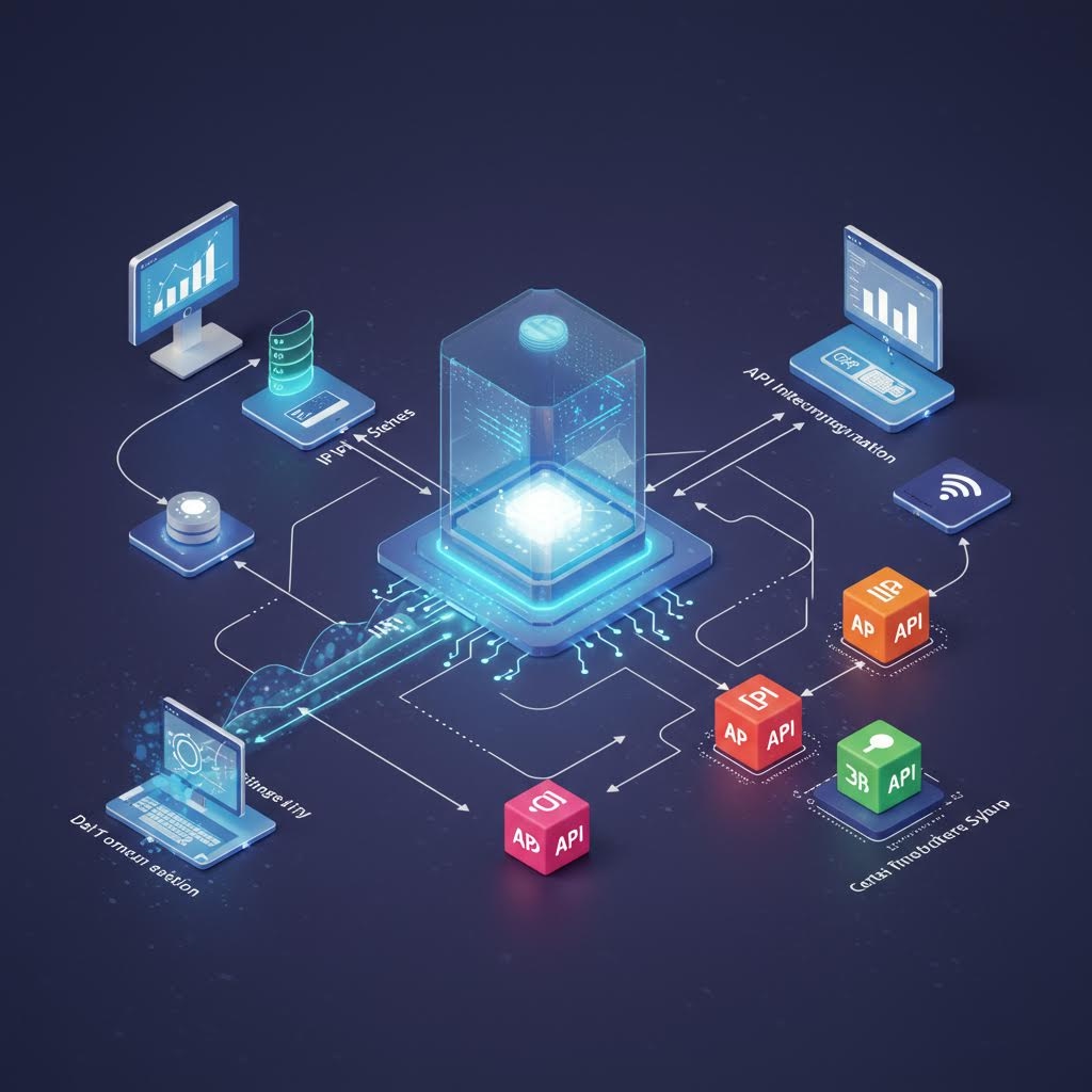 중앙 장치를 중심으로 다양한 장비가 연결되어 실시간 데이터를 주고받는 구조를 표현한 기술 일러스트