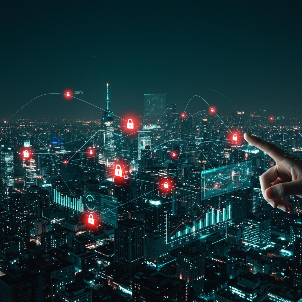 야간 도시 위로 알림 아이콘이 떠오르고 손가락이 지점을 가리키며 위험 요소를 탐지하는 모습