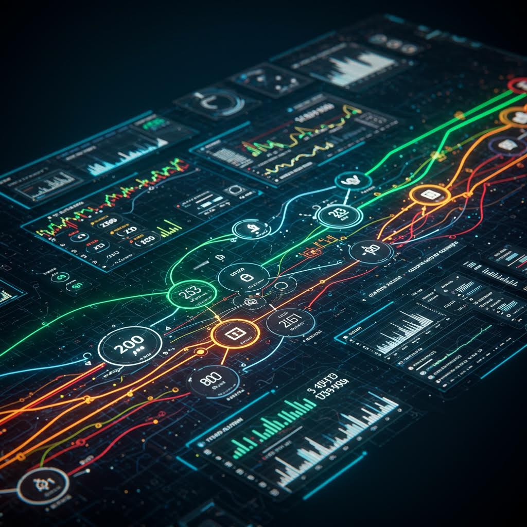 어두운 디지털 패널 위에 다양한 차트, 수치 패널, 아이콘들이 층층이 배치되어 있고, 녹색·노란색·빨간색의 굵은 데이터 선들이 화면 전체를 가로지르며 복잡하게 흐르는 장면