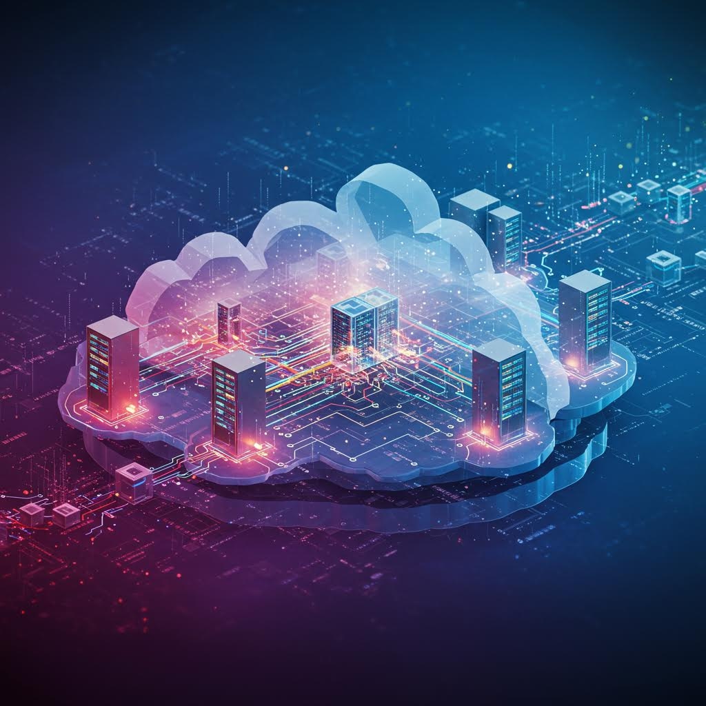 도시 구조를 감싼 거대한 클라우드 형상이 데이터 연결 체계를 드러내는 장면