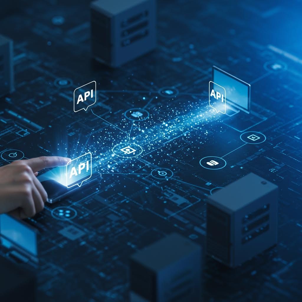 손가락이 빛나는 패널을 누르자 작은 API 표시들이 빛의 입자 흐름을 따라 다른 패널로 이동하고, 주변에는 다수의 기기 모형이 놓여 있는 디지털 인터페이스 장면