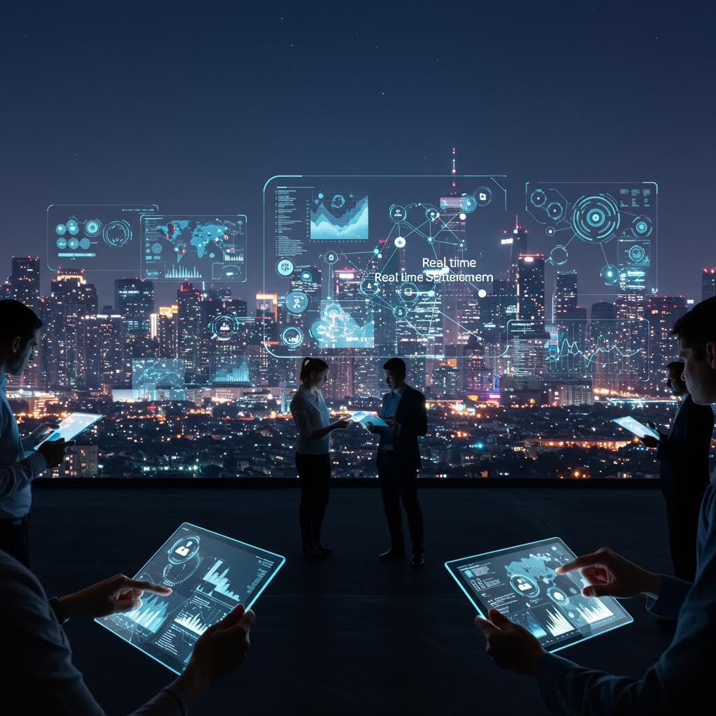 높은 곳에서 도시 불빛을 내려다보며 여러 사람이 빛나는 투명 패널을 손으로 조작하고, 공중에는 거대한 데이터 화면들이 떠 있는 미래형 협업 공간