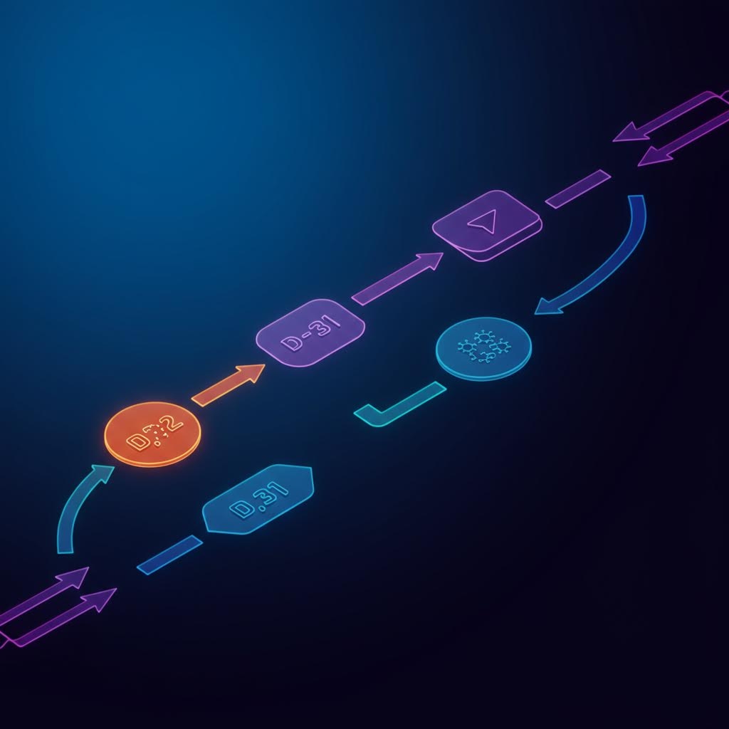 어두운 배경 위에서 여러 색의 얇은 도형 아이콘들이 일렬로 배치되고, 각 요소가 화살표와 곡선으로 이어져 단계가 흐르는 듯한 형광빛 흐름도