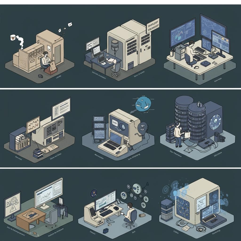 초기 대형 컴퓨터에서 현대적인 모니터와 서버실에 이르기까지 여러 시기의 컴퓨터 장비와 사람들이 일하는 모습이 3단 구도로 나열된 일러스트