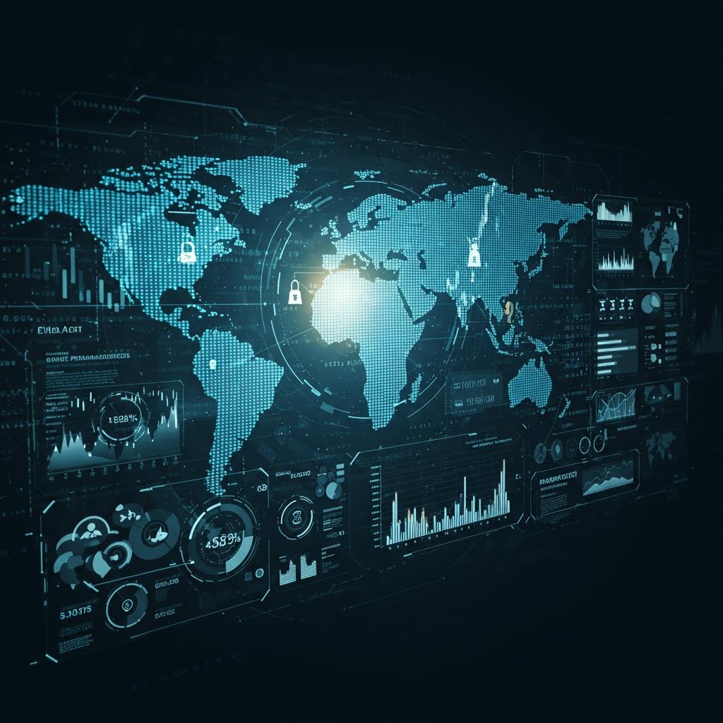 세계 지도가 패널로 펼쳐지고 다양한 지표가 함께 표시되며 글로벌 분석 흐름을 드러내는 화면 구성