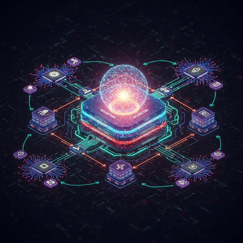 중앙 장치를 기준으로 여러 모듈이 연결되어 데이터 전송 구조를 입체적으로 표현한 기술 일러스트