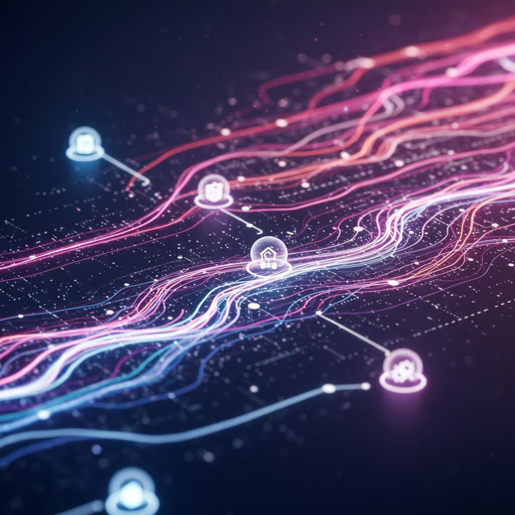 분홍·파랑·보라색의 빛줄기 같은 선들이 바닥 위를 흐르며, 곳곳에 작은 사람 모양 아이콘이 점으로 연결된 미래형 데이터 흐름 화면