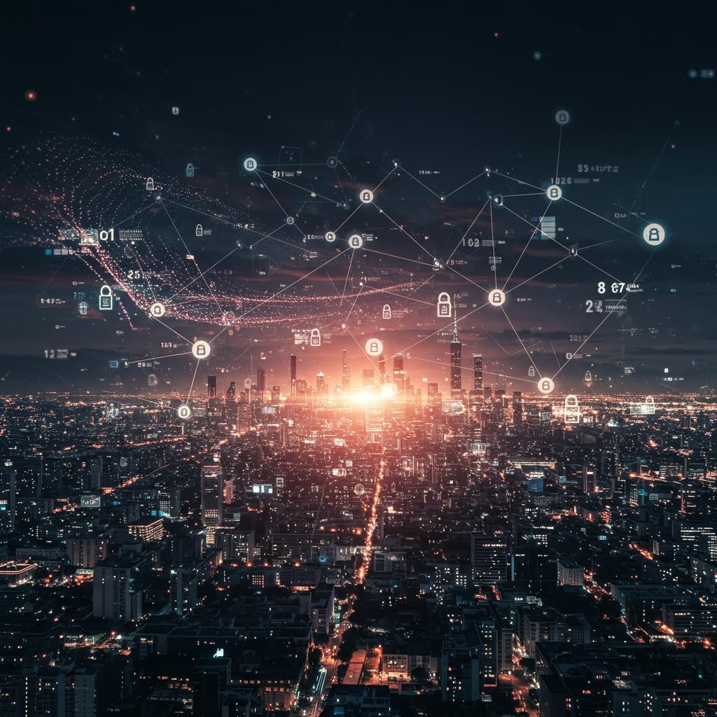 넓게 펼쳐진 도시 야경 위에 수많은 선과 점이 공중에서 서로 이어져 있고, 작은 자물쇠와 숫자 아이콘들이 떠 있는 가운데 도시 중심에서 밝은 빛이 솟아오르는 장면