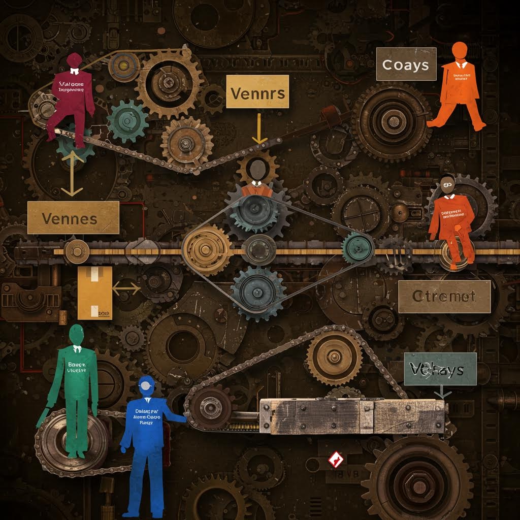 어두운 배경에 크고 작은 톱니바퀴와 체인이 촘촘히 얽혀 있고, 여러 색의 사람 형상이 각자 톱니 위나 통로에 서서 역할을 수행하는 듯 배치된 기계 공정 같은 일러스트