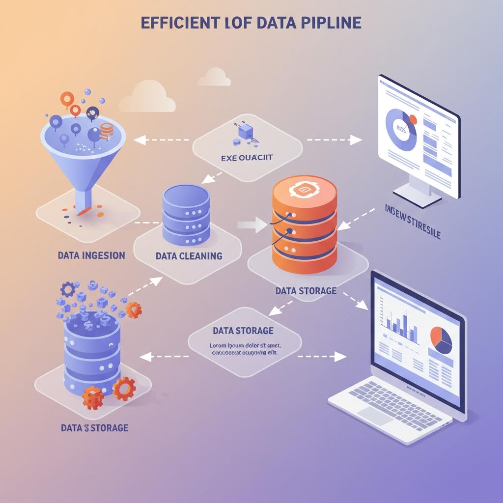 다양한 아이콘이 깔때기로 모여 들어가고, 정리된 데이터가 원통형 저장소로 이동한 뒤 모니터 화면과 노트북으로 흘러가는 과정이 단계별로 그려진 부드러운 색감의 3D 파이프라인 그림