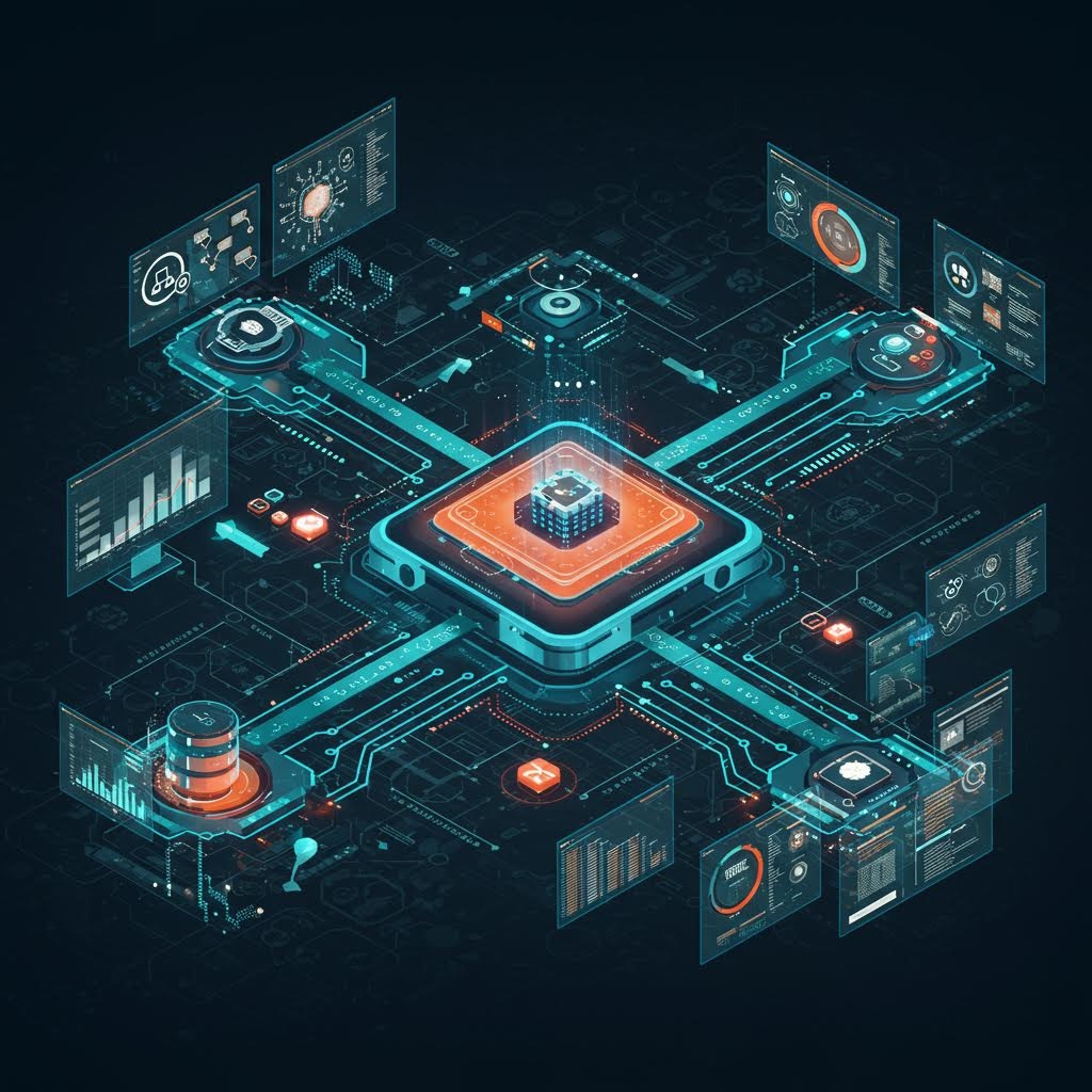 중앙 프로세서를 중심으로 여러 패널과 회로가 연결되어 데이터 분석 체계를 시각화한 기술 구조도