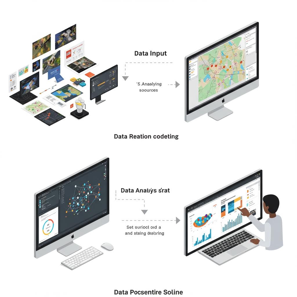 여러 자료가 모니터로 입력되고, 중간 과정에서 네트워크 분석 화면이 표시되며, 최종적으로 다른 모니터에서 그래프와 차트가 출력되는 과정을 사람이 컴퓨터로 조작하는 모습을 단계별로 보여주는 일러스트