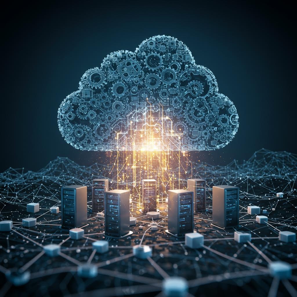 구름 형태의 장치가 도시형 네트워크 위에서 다수의 기어를 드러내며 시스템 작동을 표현한 전경