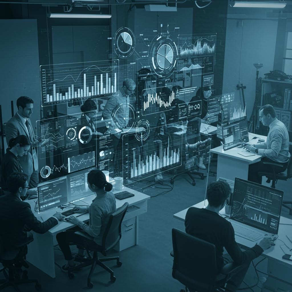 여러 인물이 회의실에서 대형 패널과 분석 화면을 함께 보며 금융 데이터를 점검하는 집중된 장면