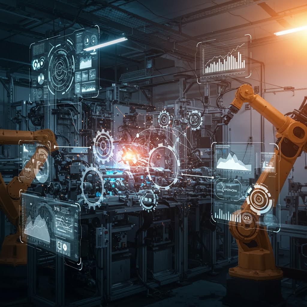 산업 현장의 로봇 팔 주변에 디지털 정보가 겹쳐지며 공정 관리 흐름을 보여주는 작업 공간